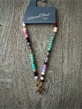 Universal Thread Multicolor Beaded Necklace with Gold Leaf Charm